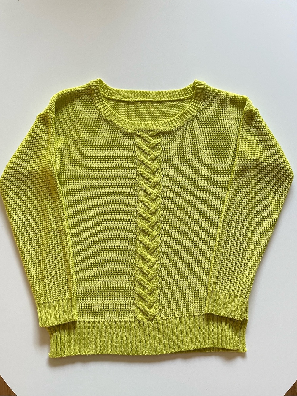 Lime Green Center Cable Knit Sweater | Chartreuse Chunky Knit Pullover